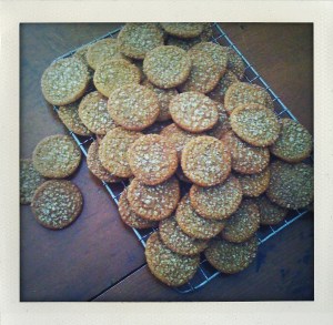 "molasses snap cookies on cooling rack"