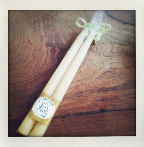 "Phyllis' hand dipped beeswax candles"