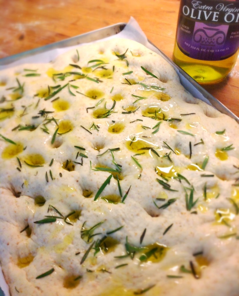 rosemary focaccia ready to go into the oven