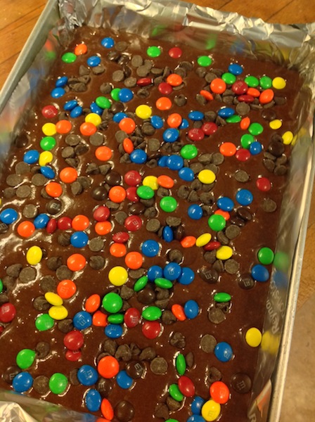 M&M chocolate brownies ready to bake