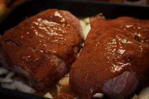 Brisket ready to braise in the oven