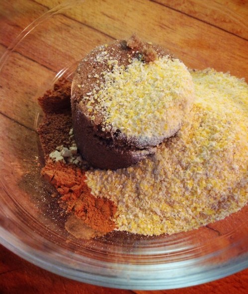 Cornmeal, brown sugar and spices for Indian Pudding