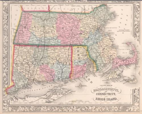 County map of Massachusetts, Connecticut, and Rhode Island. From the New York Public Library digital collection.