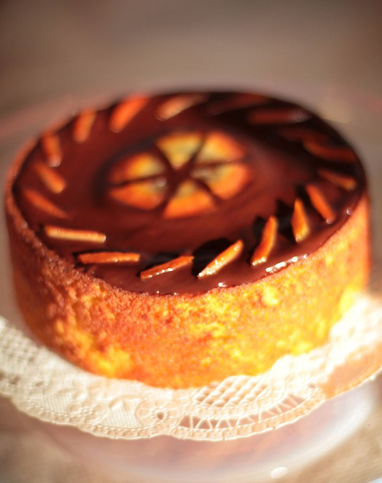Clementine Almond cake with Chocolate Glaze and Candied Citrus Peel