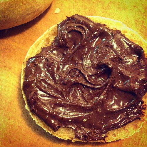 Chocolate hazelnut spread on homemade pita bread