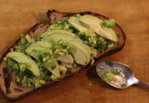 Avacodo toast with green sauce made of ginger, scallions and avocodo oil